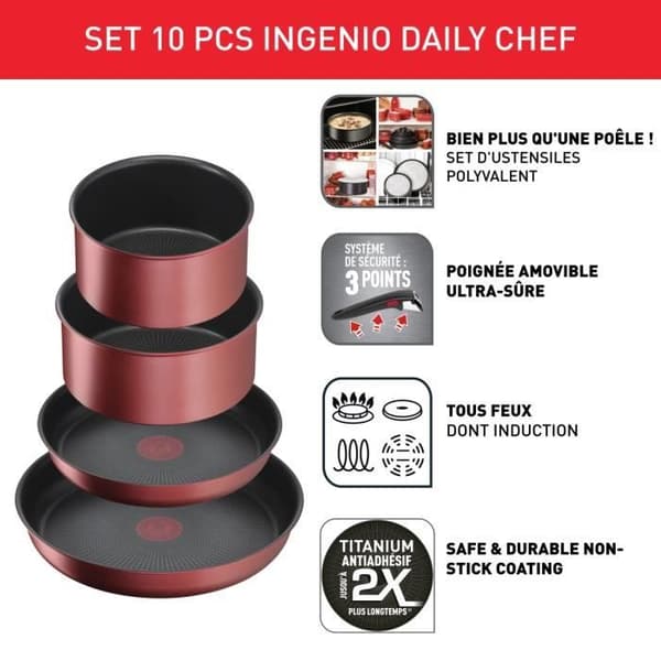 TEFAL INGENIO Daily Chef 10 p köksredskap set, induktion, non-stick beläggning, stekpannor, tillverkad i Frankrike L3989402