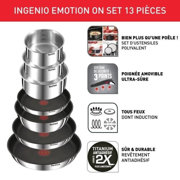 TEFAL INGENIO Emotion On Cookware set 13 p, Induktion, Rostfritt stål, Non-stick beläggning, Stekpannor, Kastruller L897DS04