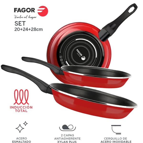 Induktionsstekpanna Set 20-24-28 cm Emaljerat Stål, Non-stick utan PFOA FAGOR Optimax Röd 01366