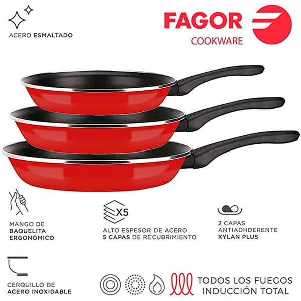 Induktionsstekpanna Set 20-24-28 cm Emaljerat Stål, Non-stick utan PFOA FAGOR Optimax Röd 01366