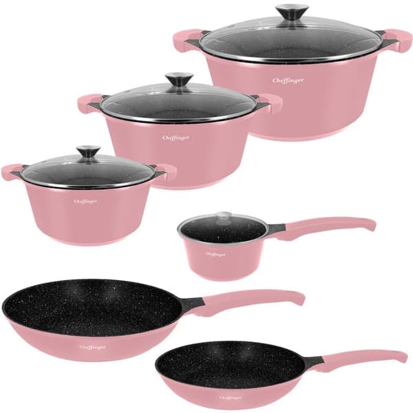 Köksset 10 Delar 3 Kastruller/2 Stekpannor/1 Kastrull med Soft-Touch Handtag Cheffinger Rosa