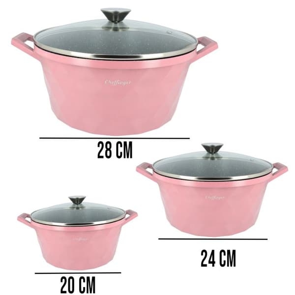 Köksset 10 Delar 3 Grytor/2 Stekpannor/1 Kastrull Diamantmönster Cheffinger Rosa
