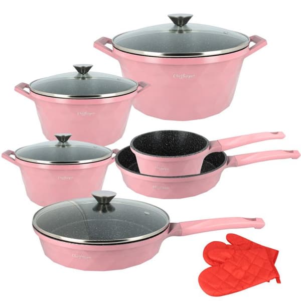 Köksset 10 Delar 3 Grytor/2 Stekpannor/1 Kastrull Diamantmönster Cheffinger Rosa