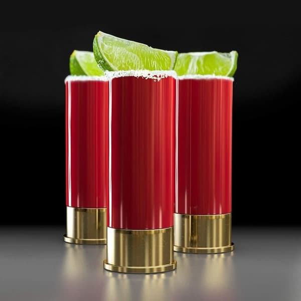 SET 4 SHOTGLAS MED FORM AV KARTUSCHER BUCKSHORT SHOTGLASER