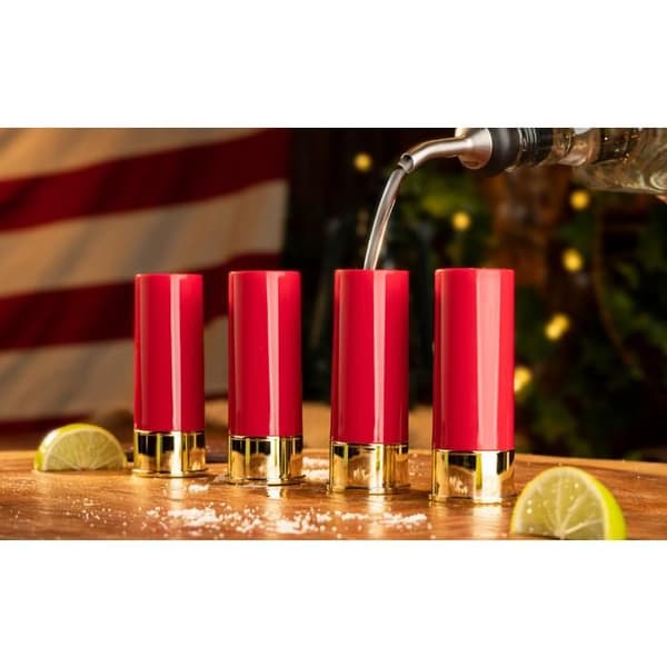 SET 4 SHOTGLAS MED FORM AV KARTUSCHER BUCKSHORT SHOTGLASER