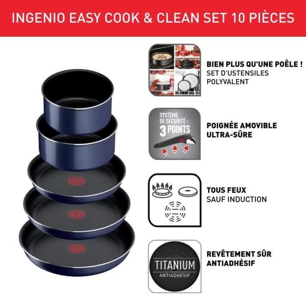 TEFAL INGENIO Easy Cook & Clean Set 10 delar, stekpanna, gryta, icke-induktion, non-stick beläggning, tillverkad i Frankrike L1579102