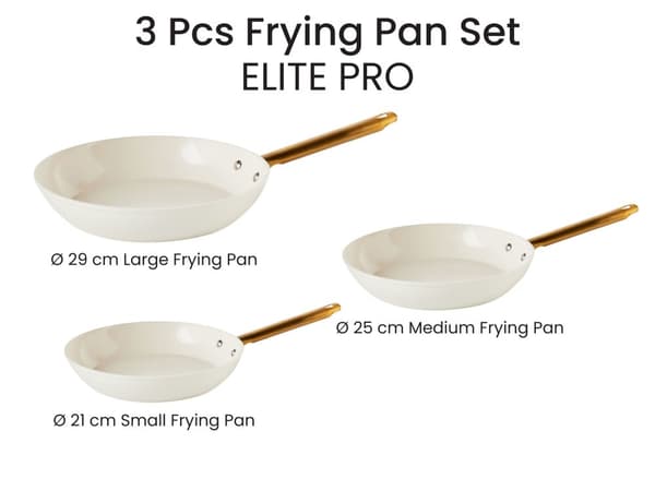 Sæt med 3 pander i brudt hvid aluminium med non-stick keramisk belægning i 3 størrelser