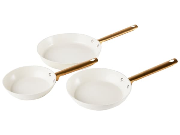 Sett med 3 Stekepanner Off-White Aluminium Keramisk Belegg Non-Stick med Håndtak i 3 Størrelser