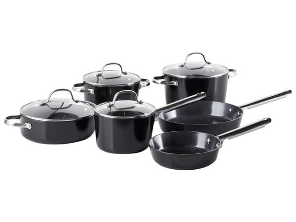 10-delers Grytesett Svart Aluminium Keramisk Belegg Non-Stick 3 Kasseroller med Lokk 2 Stekepanner
