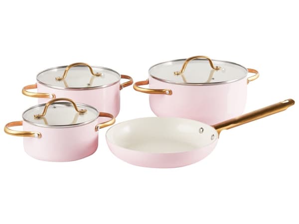 7-delt Grytesett Pastellrosa Aluminium Keramisk Belegg Non-Stick 3 Kasseroller med Lokk 1 Stekepanne