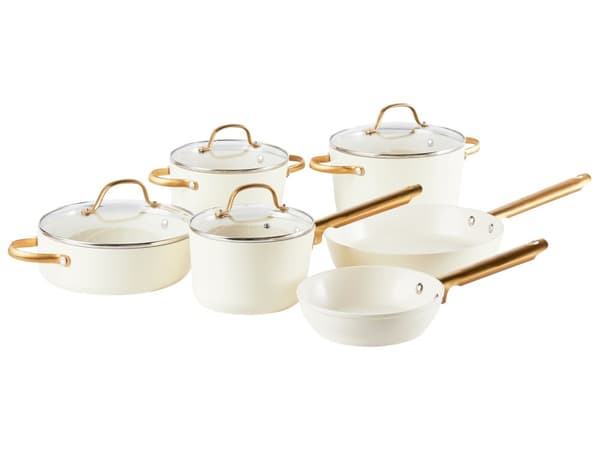 10-delers Grytesett Off White Aluminium Keramisk Belegg Non-Stick 3 Kasseroller med Lokk 2 Stekepanner