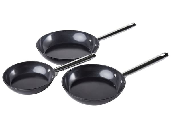 Sett med 3 Stekepanner Svart Aluminium Keramisk Belegg Non-Stick med Håndtak i 3 Størrelser