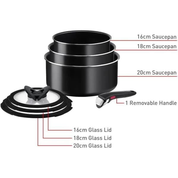Tefal Ingenio Kokkärl 7 delar, Kastruller 161820 cm, Glaslock, Avtagbart handtag, Ingen induktion, Beläggning a