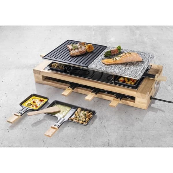 Bestron Elektrisk raclettegrill för upp till 8 personer med natursten och non-stick belagd grillplatta, trä