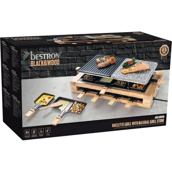 Bestron Elektrisk raclettegrill för upp till 8 personer med natursten och non-stick belagd grillplatta, trä