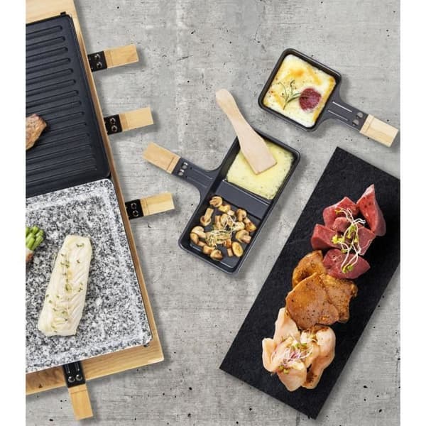 Bestron Elektrisk raclettegrill för upp till 8 personer med natursten och non-stick belagd grillplatta, trä