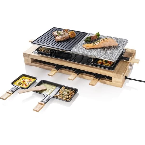 Bestron Elektrisk raclettegrill för upp till 8 personer med natursten och non-stick belagd grillplatta, trä