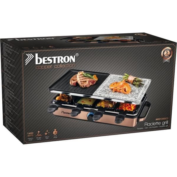 Bestron Raclette-grill Elektrisk raclette för upp till 8 personer, 8 stekpannor och 8 skrapor, 1400 Watt, Färg: koppar