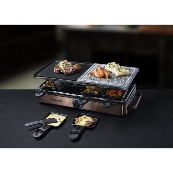 Bestron Raclette-grill Elektrisk raclette för upp till 8 personer, 8 stekpannor och 8 skrapor, 1400 Watt, Färg: koppar