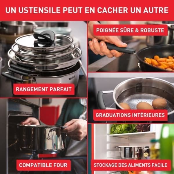 TEFAL G721SD74 13-delat köksredskapsset, induktion, rostfritt stål + non-stick beläggning, stekpanna, kastrull, Opti'Space