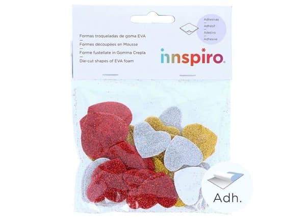 Innspiro - 98605 - Förkortade hjärtan i EVA-gummi med självhäftande glitter 42x35mm och 32x28mm 30u.
