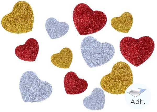 Innspiro - 98605 - Förkortade hjärtan i EVA-gummi med självhäftande glitter 42x35mm och 32x28mm 30u.