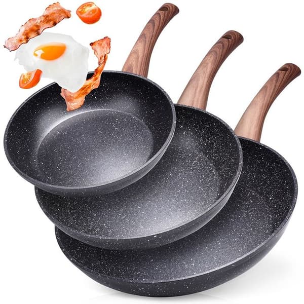 VILDE Black&amp;Wood Set med 3 stekpannor 20/24/28 cm - Non-stick aluminium - Kompatibla med alla typer av värmekällor, inklusive induktion