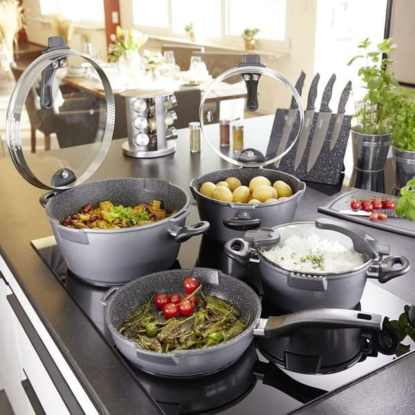 STONELINE® FUTURE Kokkärlsset 8 st - med glaslock med silfunktion - Non-stick beläggning - Induktion