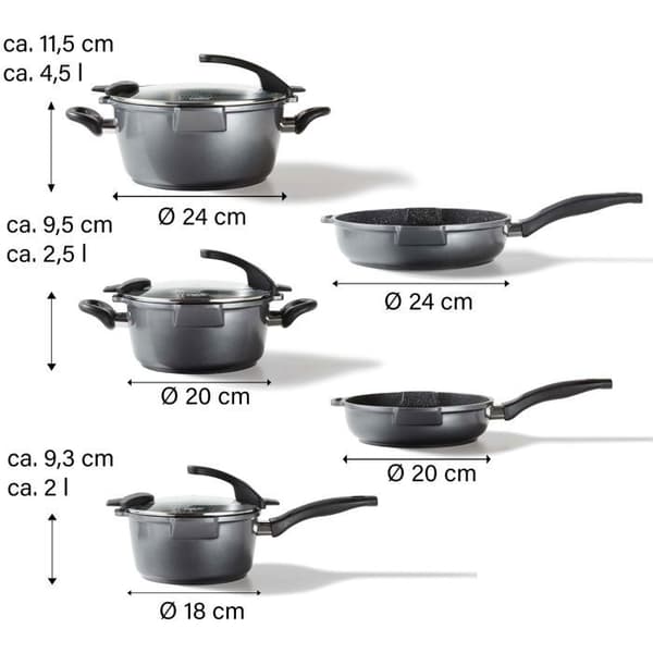 STONELINE® FUTURE Kokkärlsset 8 st - med glaslock med silfunktion - Non-stick beläggning - Induktion