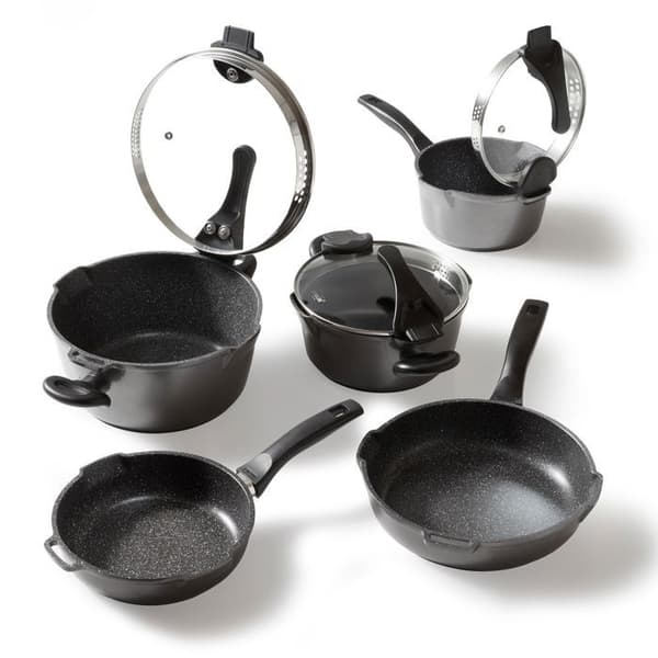 STONELINE® FUTURE Kokkärlsset 8 st - med glaslock med silfunktion - Non-stick beläggning - Induktion