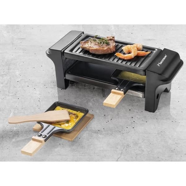 Bestron Raclette grill, minigrill för 1 till 2 personer, med 2 stekpannor och 2 spatlar, 350 watt, färg: svart/trä