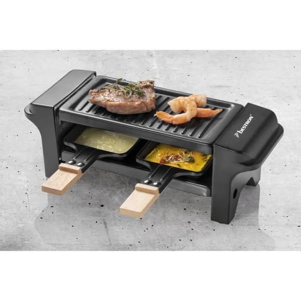 Bestron Raclette grill, minigrill för 1 till 2 personer, med 2 stekpannor och 2 spatlar, 350 watt, färg: svart/trä