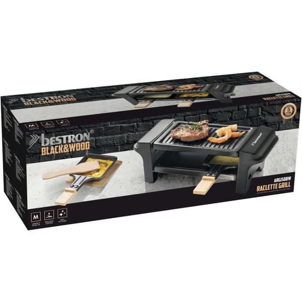 Bestron Raclette grill, minigrill för 1 till 2 personer, med 2 stekpannor och 2 spatlar, 350 watt, färg: svart/trä