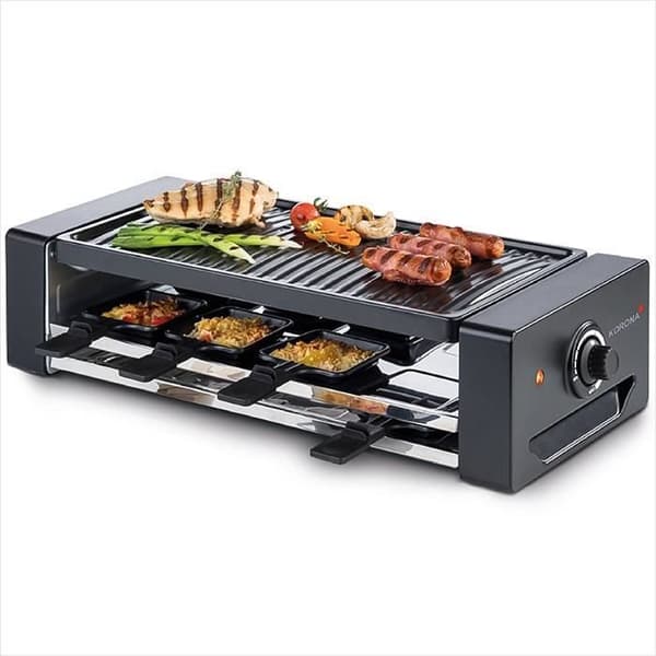 Korona 45070 Raclette Grill för 8 personer - bordsgrill med 8 stekpannor och 8 spatlar - avtagbar grillplatta