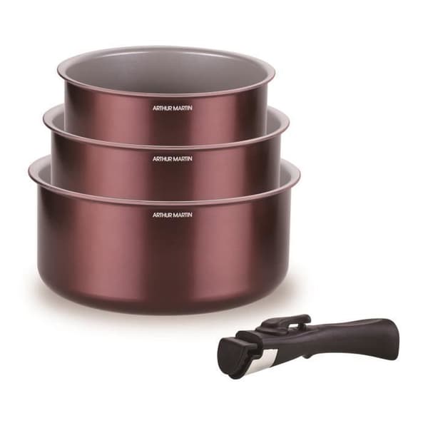 Sæt med 3 gryder - ARTHUR MARTIN - AM1088 - Alle varmekilder inklusive induktion - 16/18/20 cm + 1 aftageligt håndtag - Aluminium