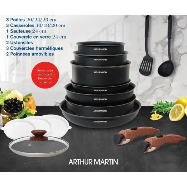 Arthur Martin AM1502 15-delt pandesæt - aftageligt håndtag i trælook - alle varmekilder inklusive induktion