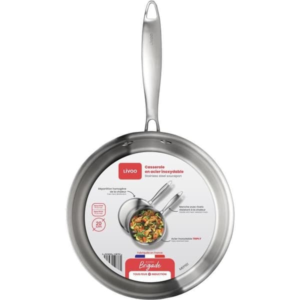 Brigade - 20 cm rustfri stålgryde - LIVOO - MEP161 - Tredobbelt rustfrit stål - Velegnet til alle kogeplader, inklusive induktion - Lavet i Frankrig