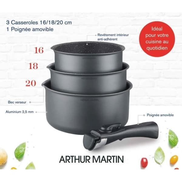 Sæt med 3 matgrå gryder 16-18-20 cm + 1 aftageligt håndtag - Aluminium - Non-stick belægning - Alle kogeplader inklusive induktion