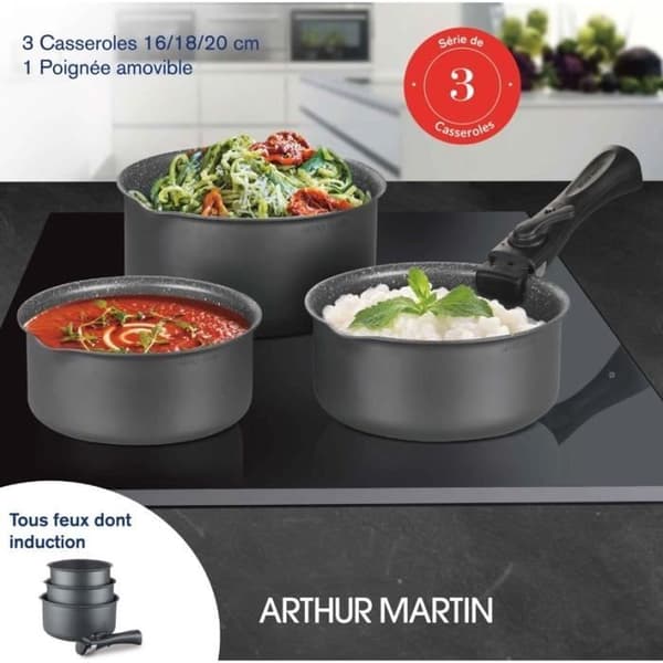Sæt med 3 matgrå gryder 16-18-20 cm + 1 aftageligt håndtag - Aluminium - Non-stick belægning - Alle kogeplader inklusive induktion