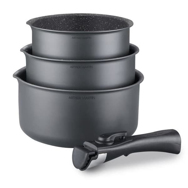 Sæt med 3 matgrå gryder 16-18-20 cm + 1 aftageligt håndtag - Aluminium - Non-stick belægning - Alle kogeplader inklusive induktion