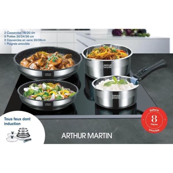 Arthur Martin AM2493 8-osainen keittoastiasto - Ruostumatonta terästä - Irrotettava kahva - Sopii kaikille lämmönlähteille, myös induktiolle