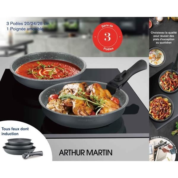 ARTHUR MARTIN AM521GM Køkkengrejsæt med 3 pander - Matgrå 20-24-28 cm + 1 aftageligt håndtag - Alle kogeplader inklusive induktion