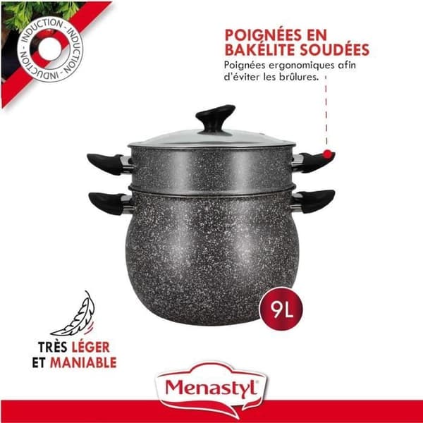 Couscoussier - MENASTYL - 6020033 - Marmorlook aluminium - 9 liter - Velegnet til alle varmekilder inklusive induktion