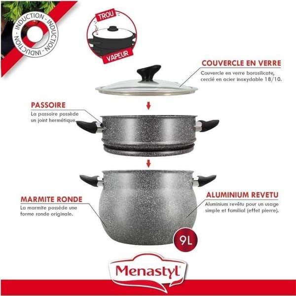 Couscoussier - MENASTYL - 6020033 - Marmorlook aluminium - 9 liter - Velegnet til alle varmekilder inklusive induktion