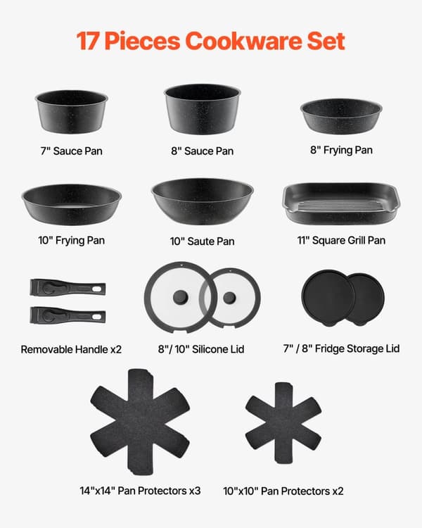 Nonstick Kokkärlset, 17 Delar, Mångsidiga Matlagningsfunktioner, Ugnssäker,1 set