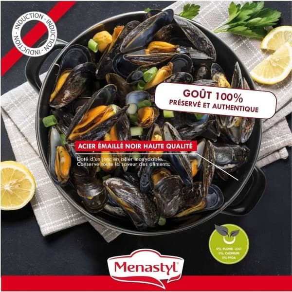 Simpukkakattila - MENASTYL - 3645562 - Emaloitua terästä - Musta - 18 cm - 2,7 litraa - Sopii kaikille liesitasoille, myös induktiolle