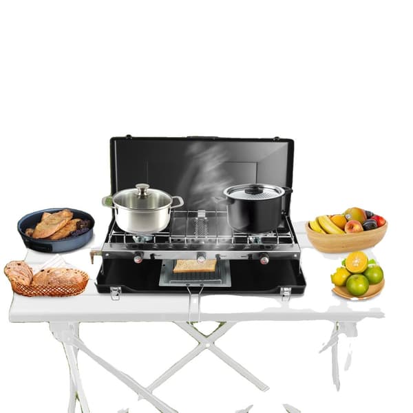 Bärbar Campingkök, 3-brännars Matlagning System, Lätt och Hållbar,svart