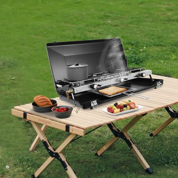 Bärbar Campingkök, 3 Brännare, Piezo Tändning, Justerbart Vindskydd