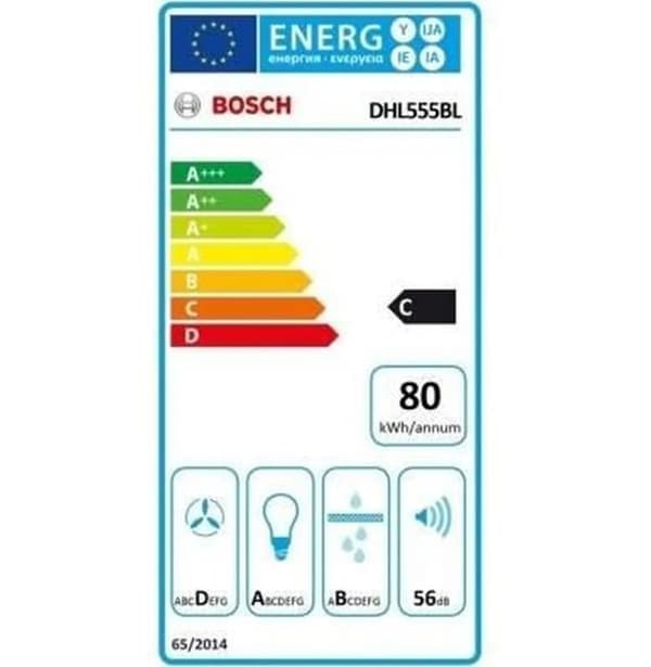 Filtersats 650 m3/h - BOSCH DHL555BL - 50 cm - Klass C 79,8 kWh/år - Urladdning eller återvinning med DH-kolfilter - Metall