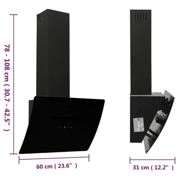 vidaXL væghængt emhætte 60 cm stål og hærdet glas sort